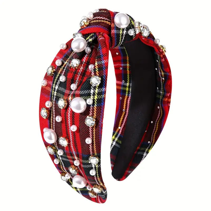 Wide Elegant Red Plaid Christmas Headband with Faux Pearl & Rhinestone Accents - 260 Broadway Boutique