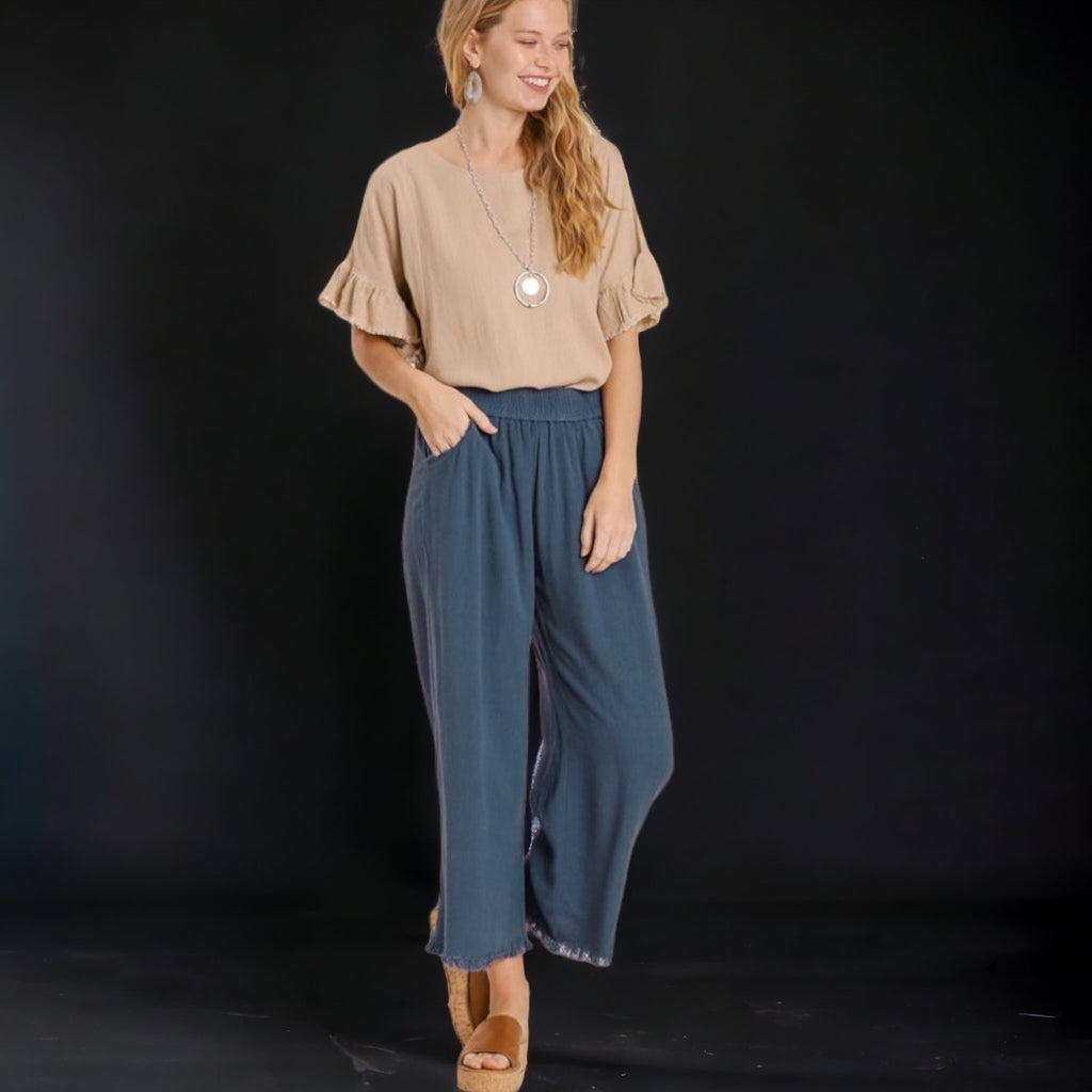 Wide Leg Pants with Elastic Waist Band & Unfinished Hem - 260 Broadway Boutique