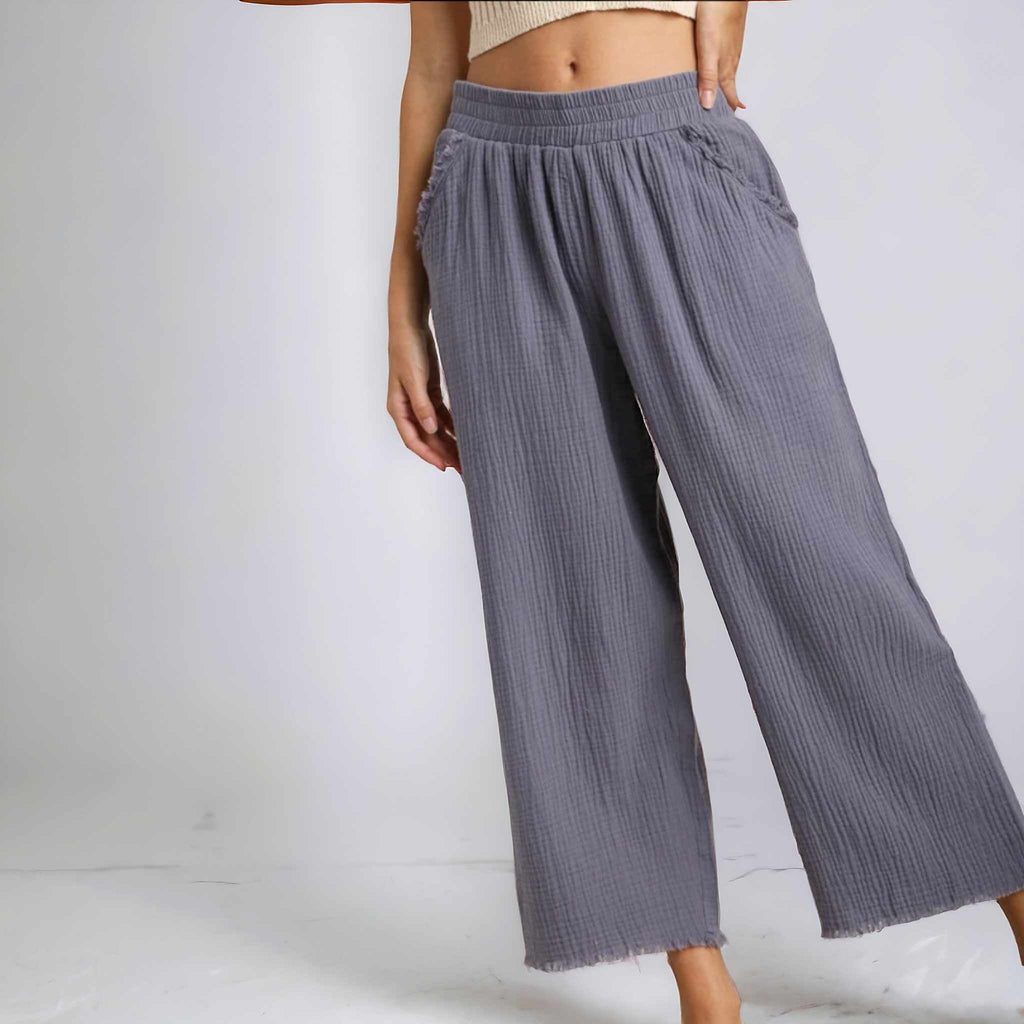 Wide Leg Pants with Elastic Waist Band & Unfinished Hem - 260 Broadway Boutique