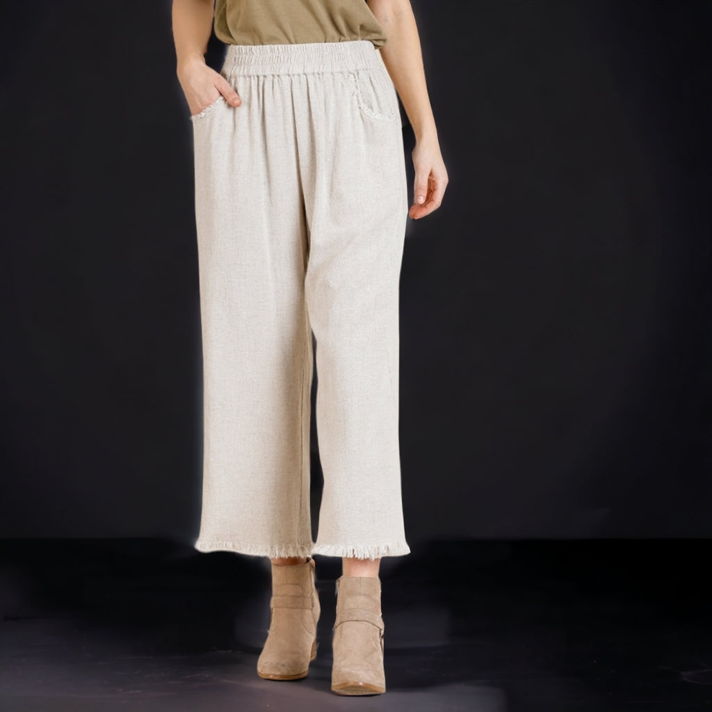 Wide Leg Pants with Elastic Waist Band & Unfinished Hem - 260 Broadway Boutique