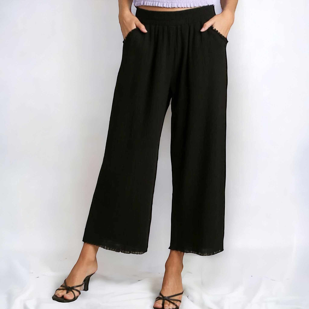 Wide Leg Pants with Elastic Waist Band & Unfinished Hem - 260 Broadway Boutique