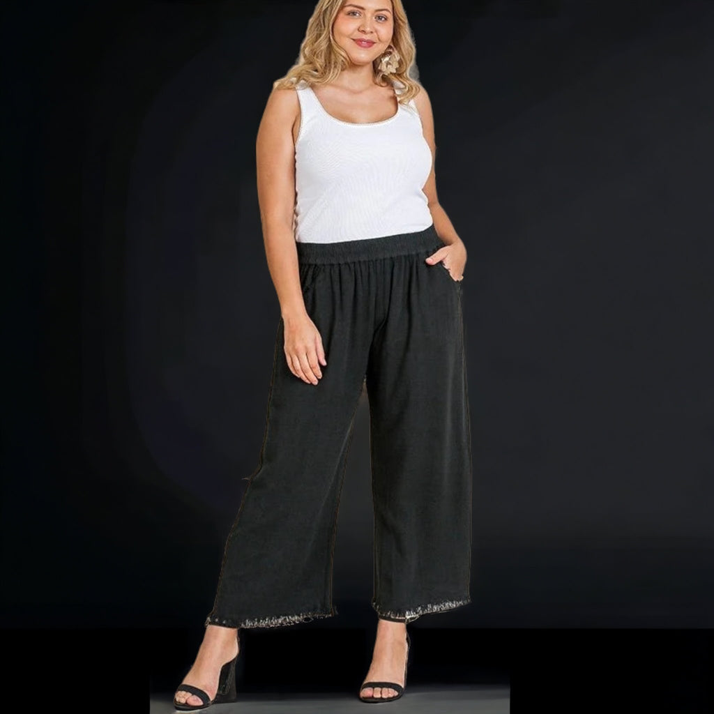 Wide Leg Pants with Elastic Waist Band & Unfinished Hem - 260 Broadway Boutique