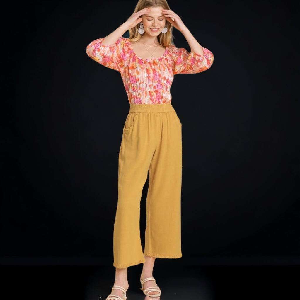 Wide Leg Pants with Elastic Waist Band & Unfinished Hem - 260 Broadway Boutique