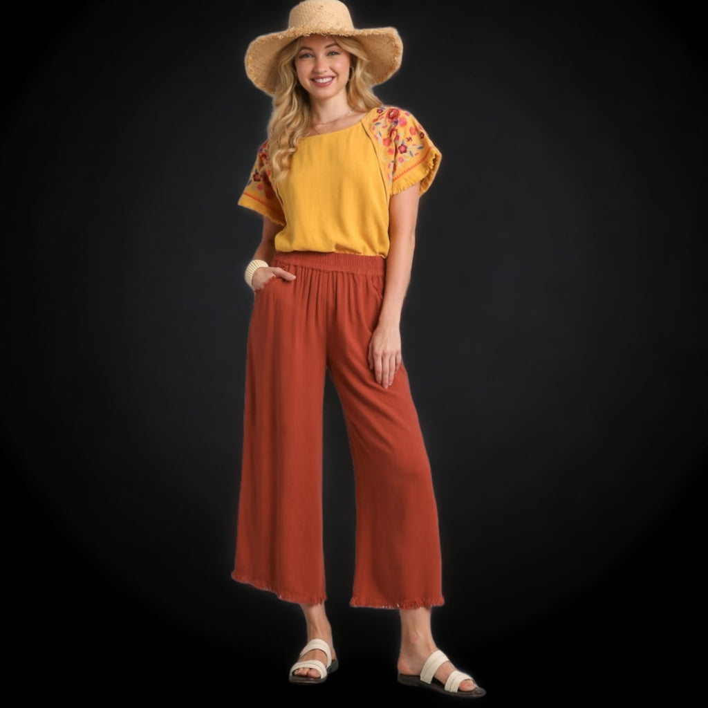 Wide Leg Pants with Elastic Waist Band & Unfinished Hem - 260 Broadway Boutique