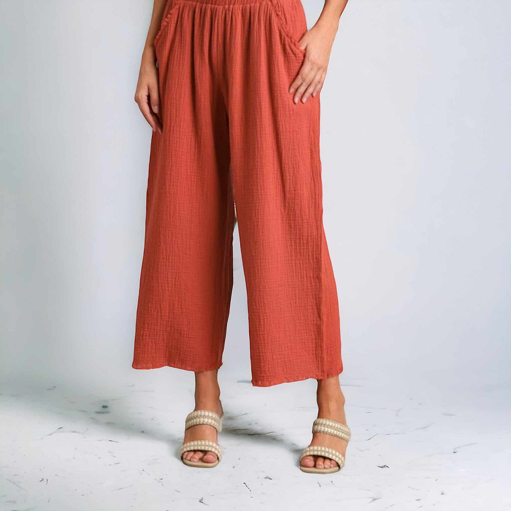 Wide Leg Pants with Elastic Waist Band & Unfinished Hem - 260 Broadway Boutique