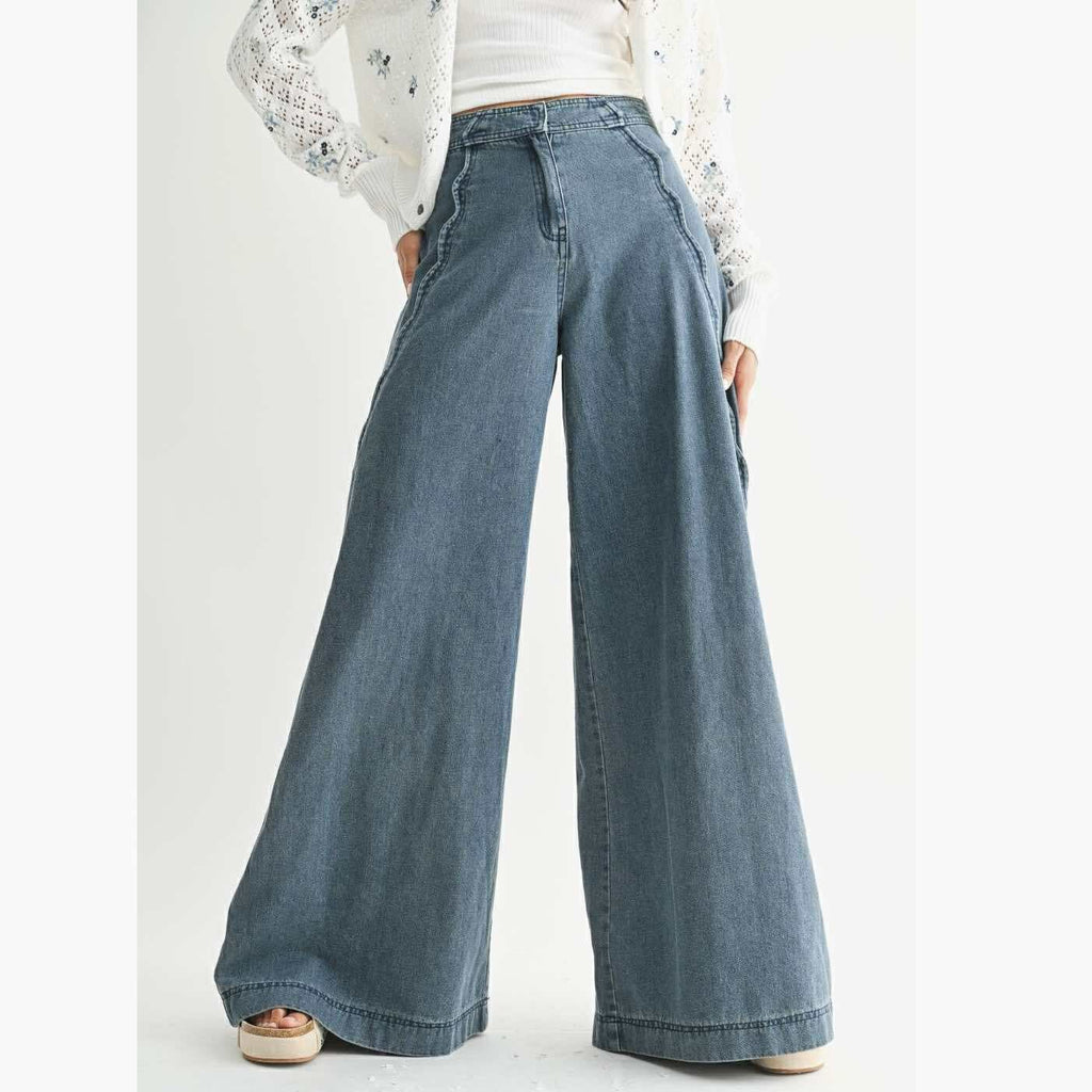 Wide Leg Stretchy Denim Trousers - 260 Broadway Boutique