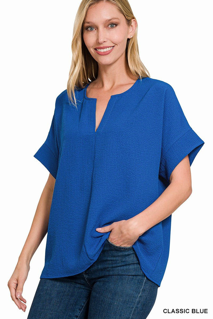 Woven Split Neck Top (6 Colors) - 260 Broadway Boutique