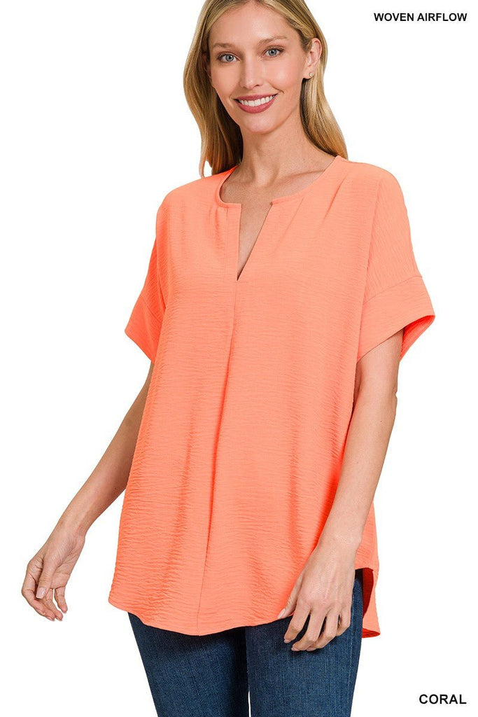 Woven Split Neck Top (6 Colors) - 260 Broadway Boutique