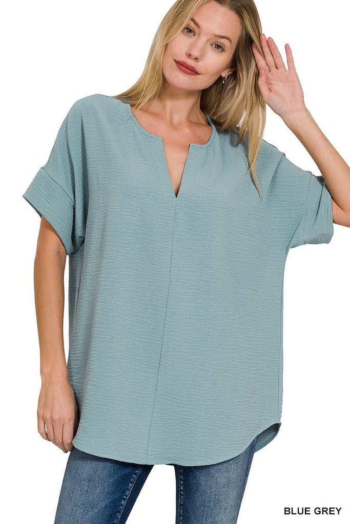 Woven Split Neck Top (6 Colors) - 260 Broadway Boutique