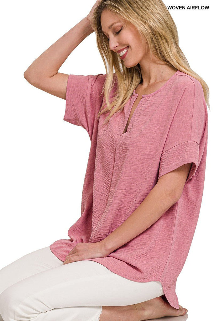 Woven Split Neck Top (6 Colors) - 260 Broadway Boutique