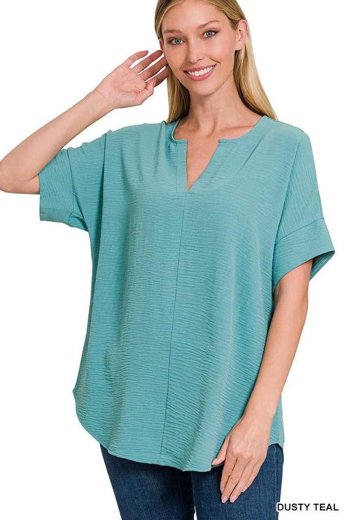 Woven Split Neck Top (6 Colors) - 260 Broadway Boutique