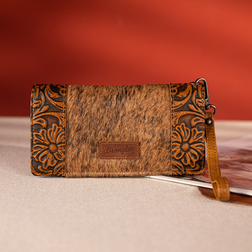 Wrangler Hair - On Cowhide Vintage Floral Tooled Wallet - Brown - 260 Broadway Boutique