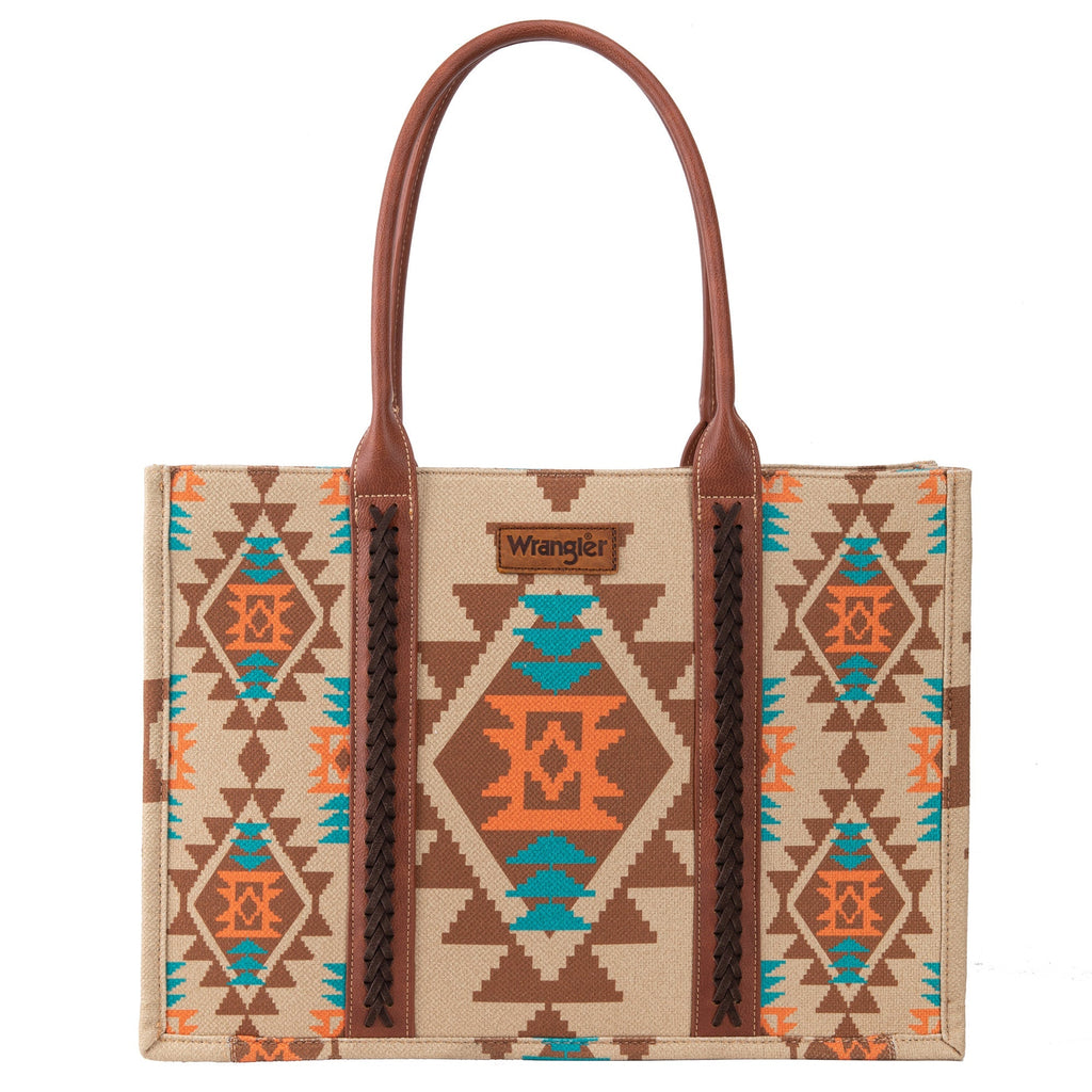 Wrangler Southwestern Pattern Dual Sided Print Canvas Wide Tote Coffee - 260 Broadway Boutique