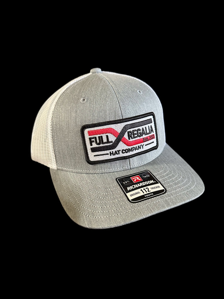 Youth - Full Regalia Hat Grey/White Meshback Snapback - FR Black/Red Patch - 260 Broadway Boutique