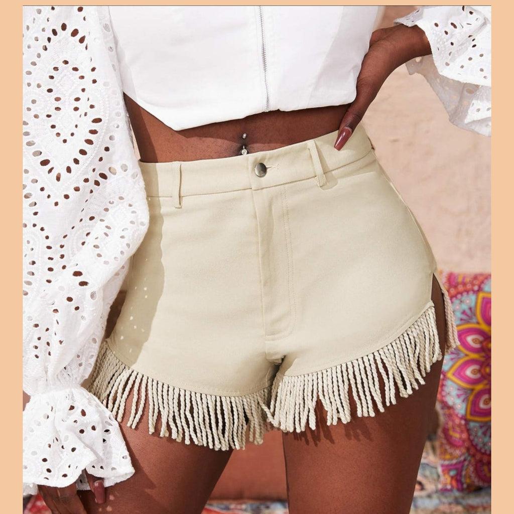 Zipper Fly Fringe Split Hem Shorts - 260 Broadway Boutique